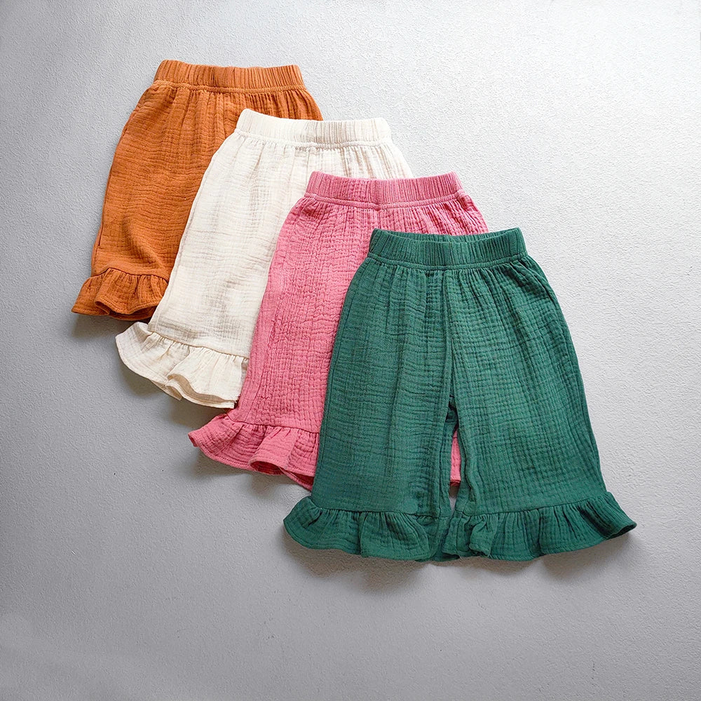 Girls Cotton Ruffled Flared Pants Solid Color Loose Ankle-Length Pants