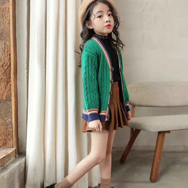 Girls Cardigan Spring Autumn Knitted Sweaters Button Pure Teen School