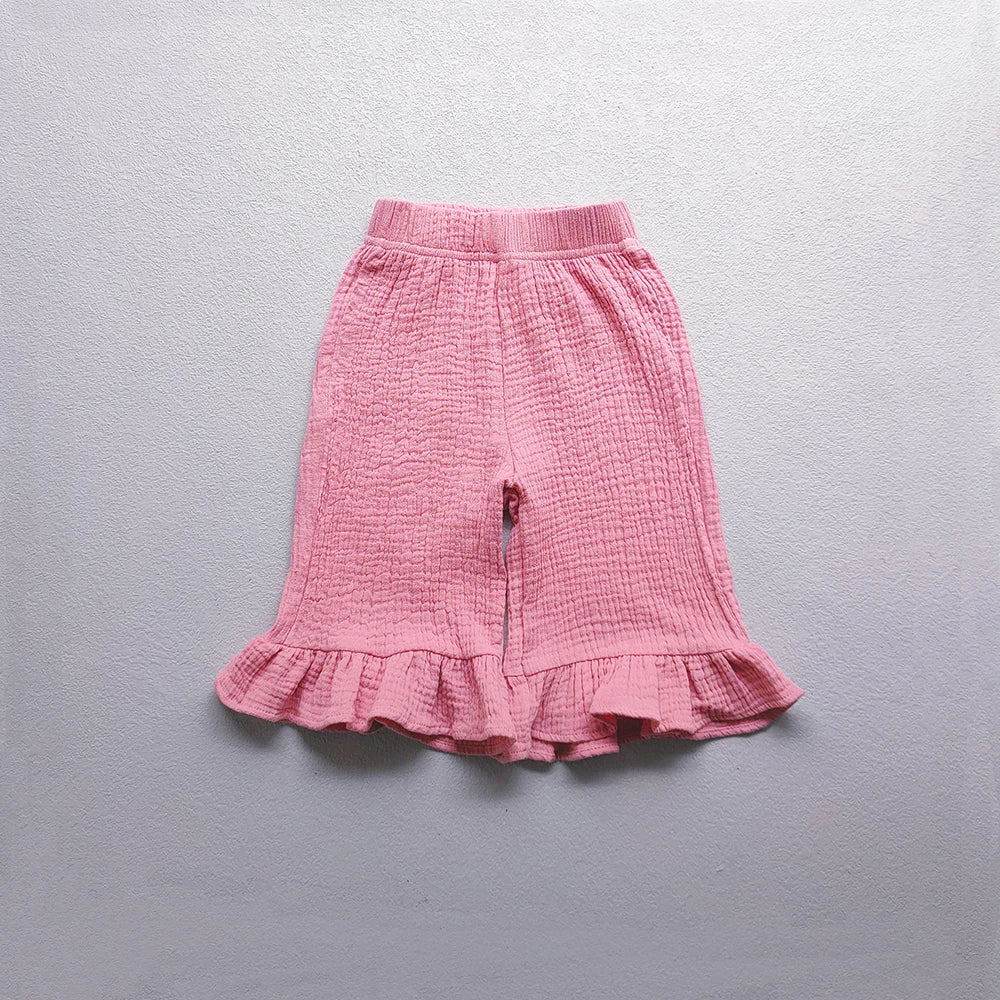 Girls Cotton Ruffled Flared Pants Solid Color Loose Ankle-Length Pants