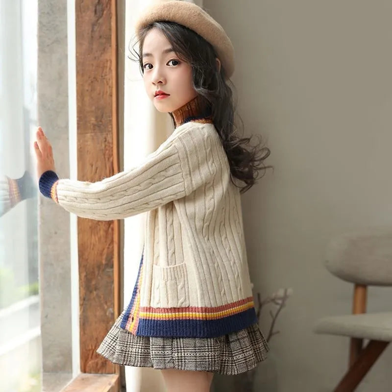 Girls Cardigan Spring Autumn Knitted Sweaters Button Pure Teen School