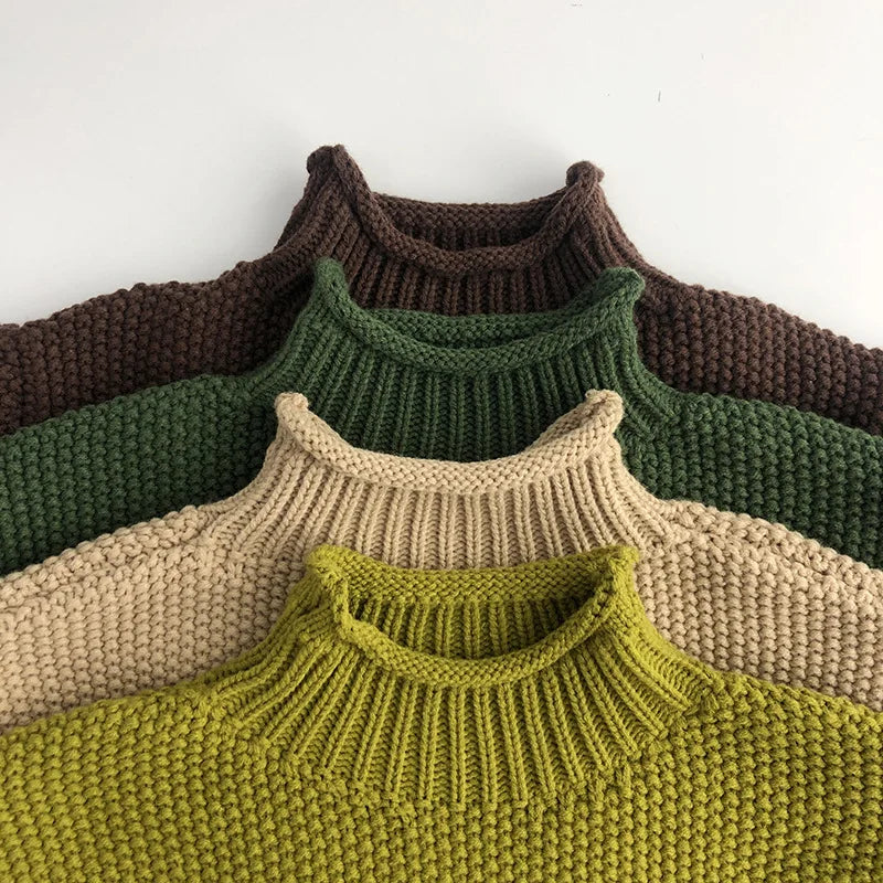 Girls Sweater Vintage Knitwear Solid Turtleneck