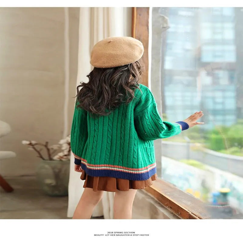 Girls Cardigan Spring Autumn Knitted Sweaters Button Pure Teen School