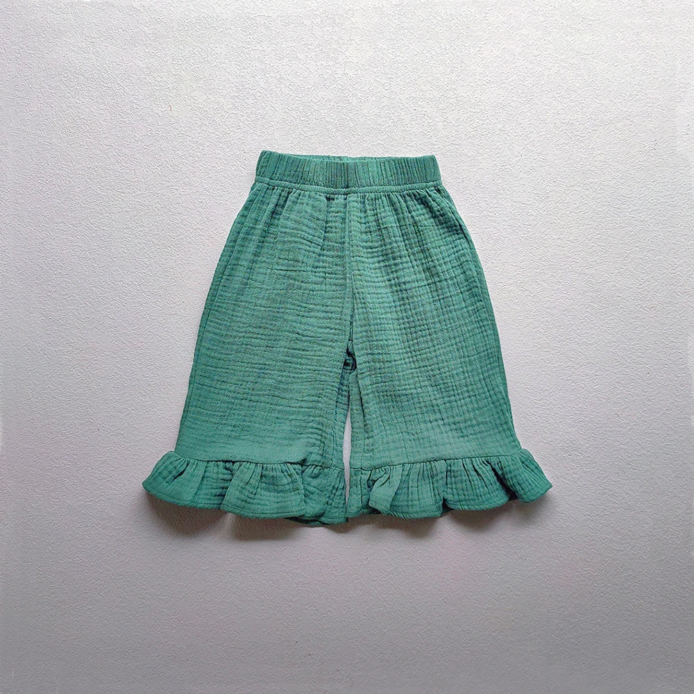 Girls Cotton Ruffled Flared Pants Solid Color Loose Ankle-Length Pants