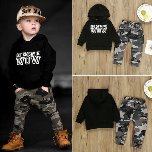 1-6t Boys Clothes Set Black Letter Boys Hooded Boys Hoodies Tops Camouflage