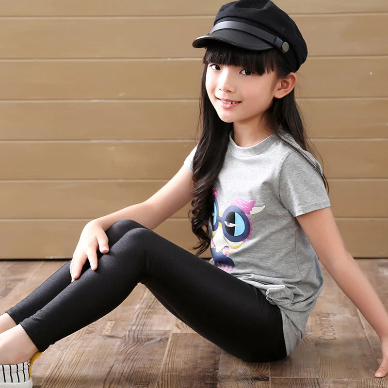 2-14 Years Girls Skinny Long Pants Shiny Black White Pink  Kids Elastic