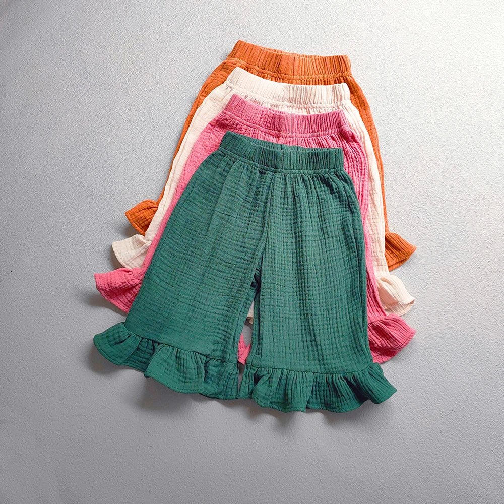 Girls Cotton Ruffled Flared Pants Solid Color Loose Ankle-Length Pants