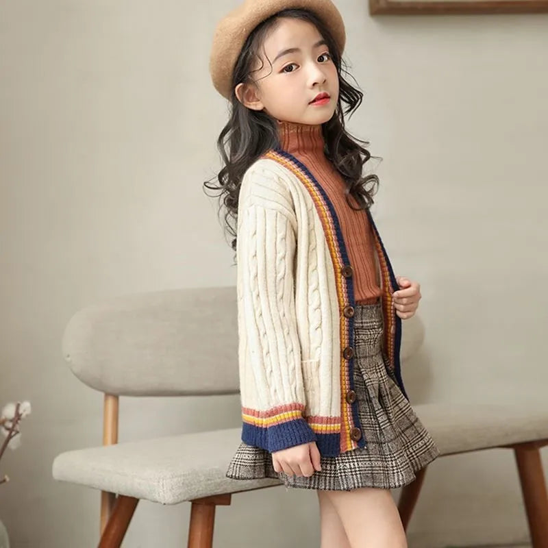 Girls Cardigan Spring Autumn Knitted Sweaters Button Pure Teen School