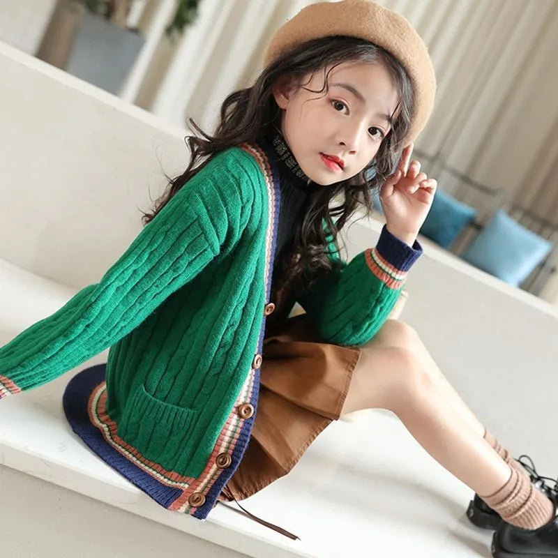 Girls Cardigan Spring Autumn Knitted Sweaters Button Pure Teen School