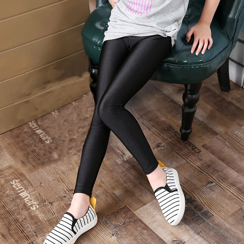 2-14 Years Girls Skinny Long Pants Shiny Black White Pink  Kids Elastic