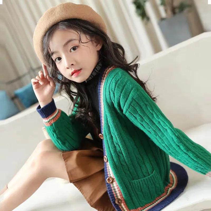 Girls Cardigan Spring Autumn Knitted Sweaters Button Pure Teen School