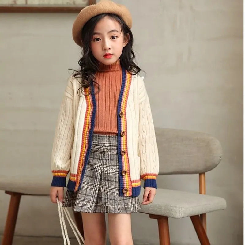 Girls Cardigan Spring Autumn Knitted Sweaters Button Pure Teen School